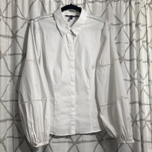 White House Black Market white long-sleeve lace-inset poplin shirt